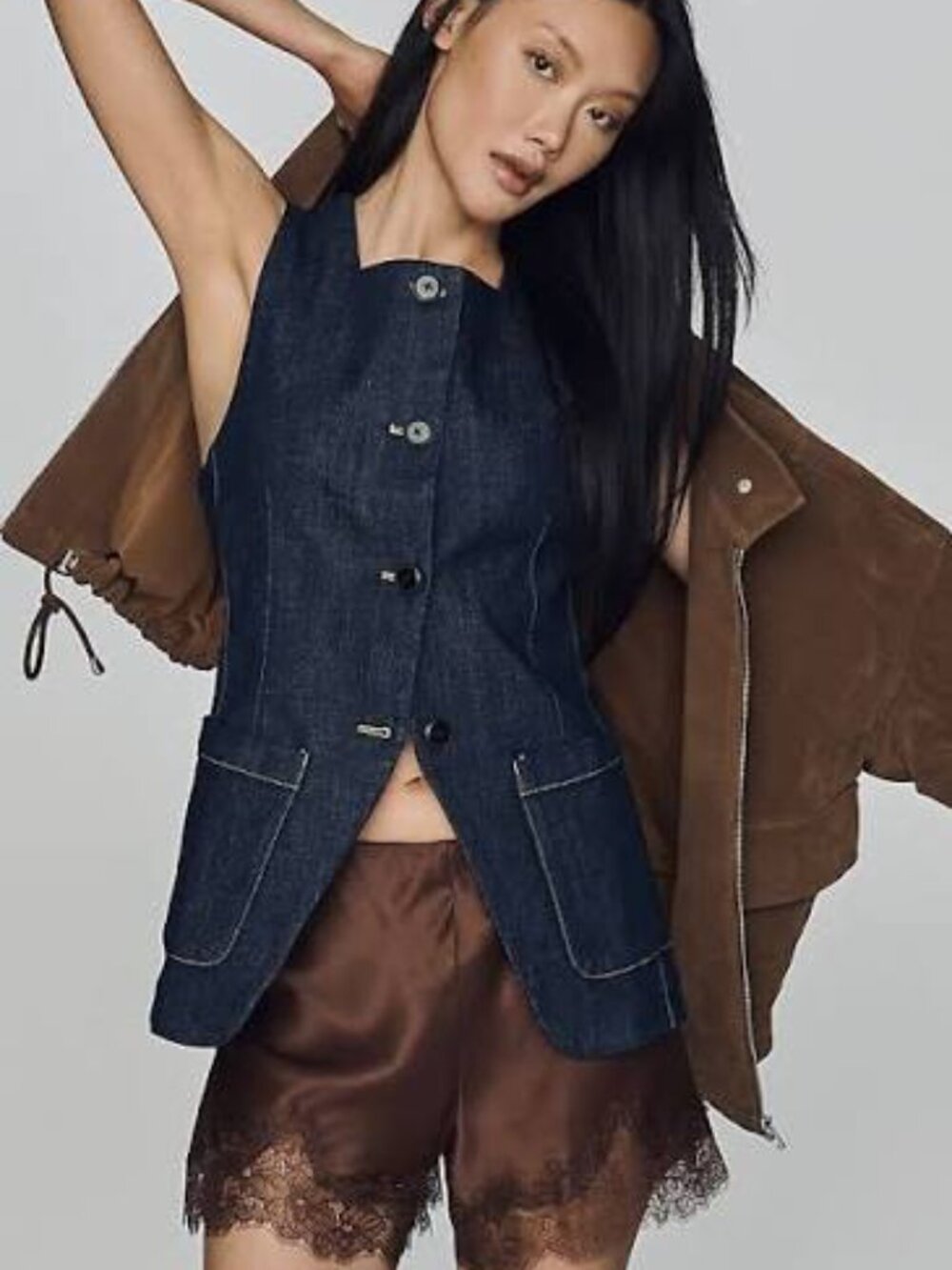 Maeve Square-Neck Cutaway Denim Vest, NWT